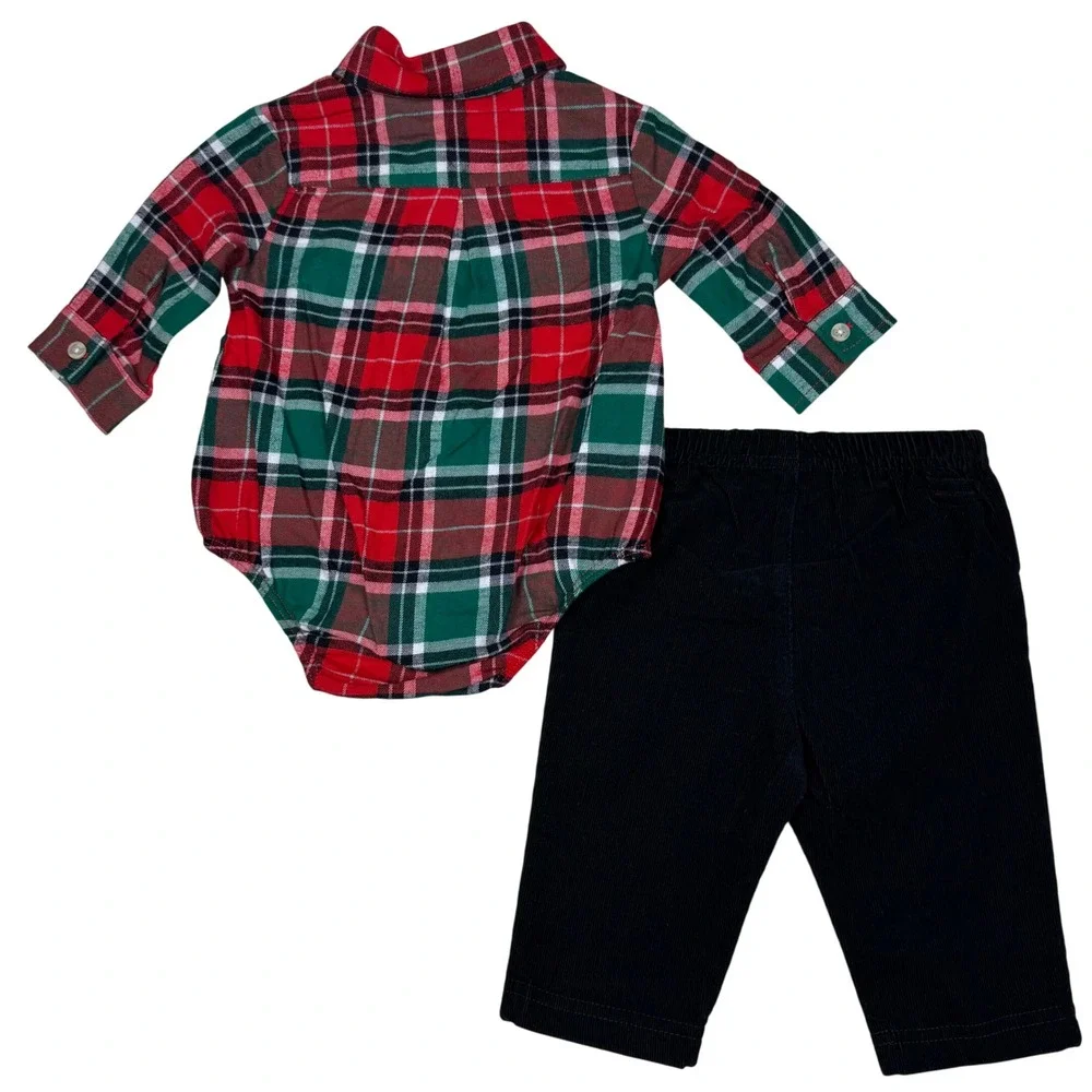 NEW Little Me Baby Plaid Red Green Bodysuit Black Nutcracker Pants Outfit Set 3M